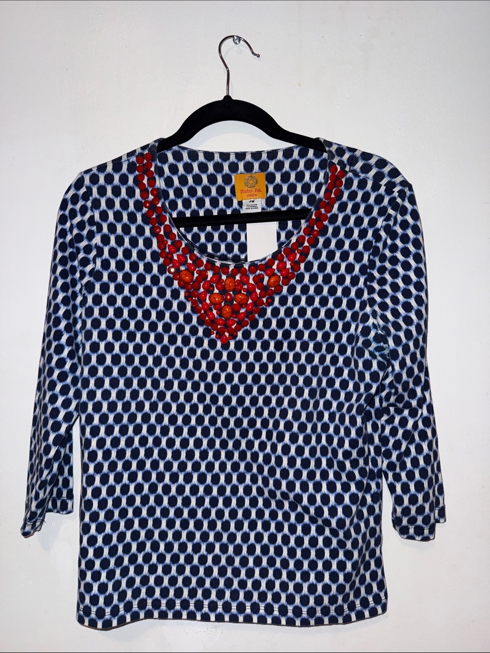 Talbots Navy and White Dot Long Sleeve Top with Red Beaded Neckline